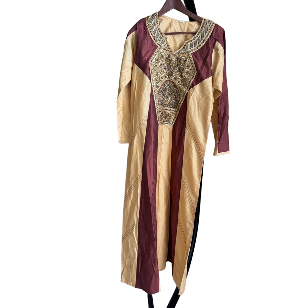 Gold Brown V Neck Long Sleeve Kaftan - Picture 2 of 14